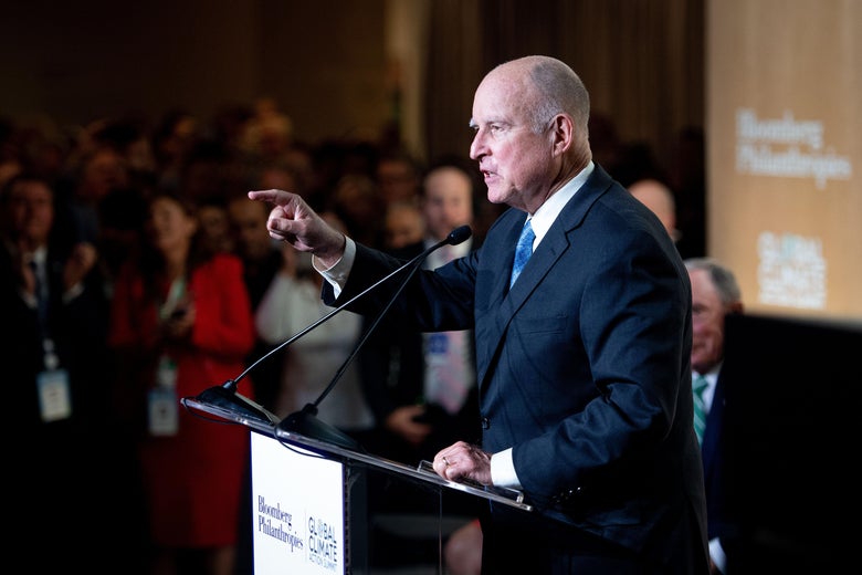 California Gov. Jerry Brown addresses the audience during the opening reception for the Global Climate Action Summit in San Francisco, California on September 12, 2018.